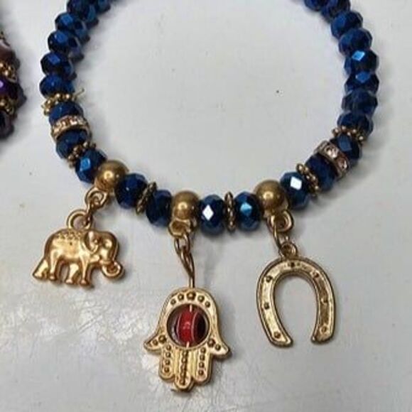 Lot of 3 Blue and Purple Facet Cut AB Coated Stretch Gold Tone Charm Bracelet - Picture 3 of 3